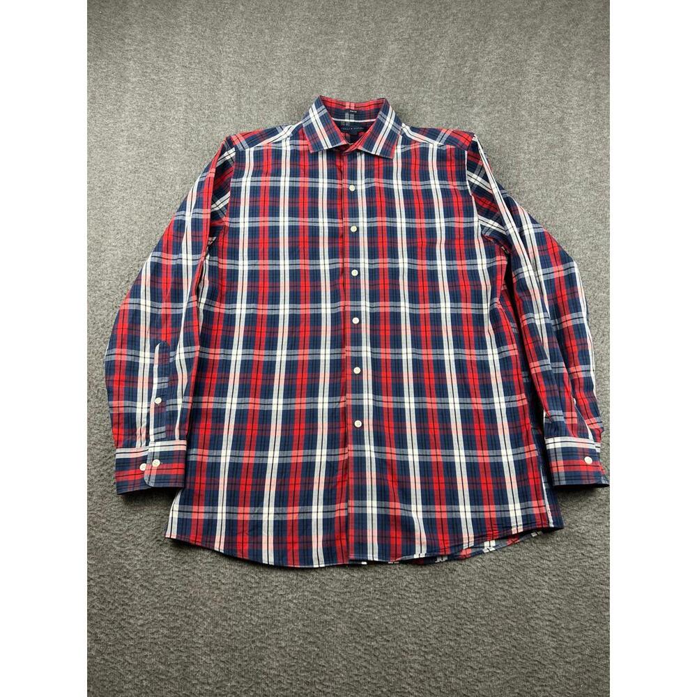 Tommy Hilfiger Men's Shirt Size Medium Red White Plaid Slim Fit Button Up
